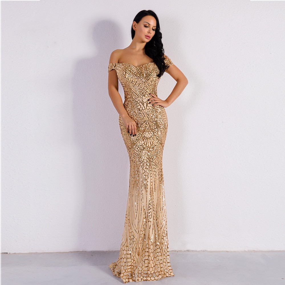 Off Shoulder Gold Gown Evelyn Belluci - Sequin Evening Gowns. Womens ...